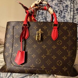 Louis Vuitton Brown Monogram Tote with Red Handles
